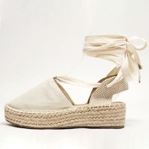 New Beige Mary Jane Platform Espadrille Lace Up Sandals